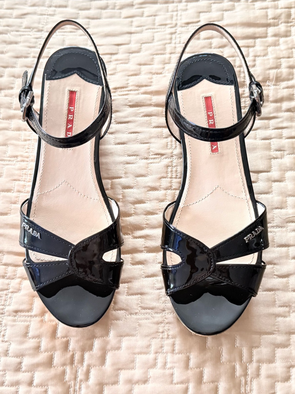 Prada Black Patent Leather Cork Wedge Sandals